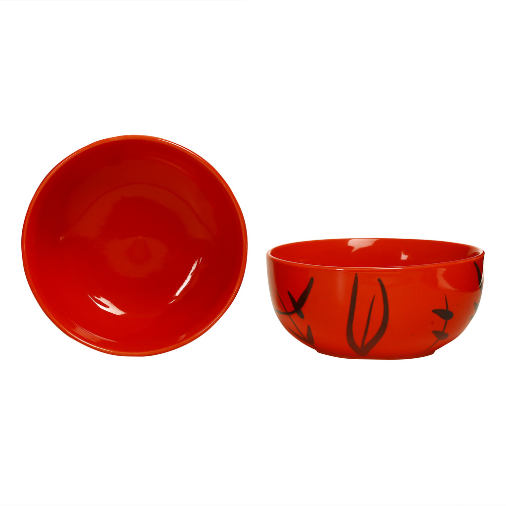 Katori Soup Bowl With Spoon Ceramic/Stoneware in Glossy Red Leaf (Set