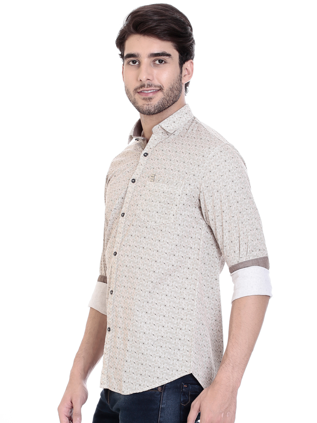 D Khakhi White Colour Printed Shirts With Contrast Button With Spread ...