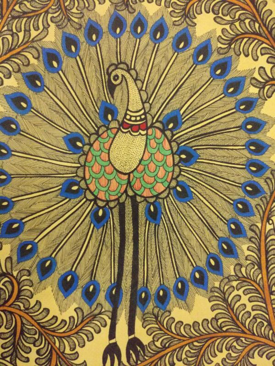 Mithila Madhubani painting of exquisite peacock and an elephant