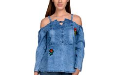 BuyNewTrend Denim Blue Off-Shoulder Womens Top