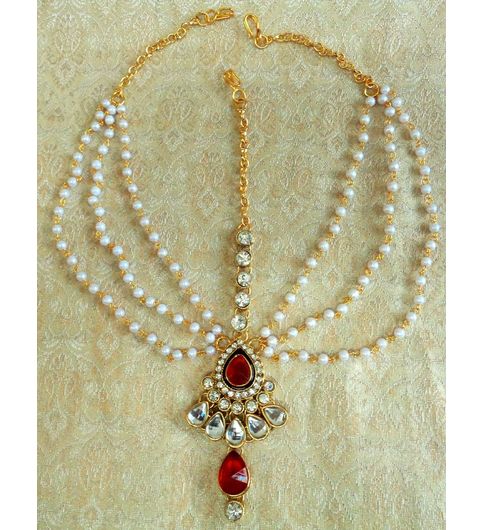 Lalso Royal Wedding Jewelry Red Pearl Kundan Mathapatti Maang Tikka - Lmp03rd